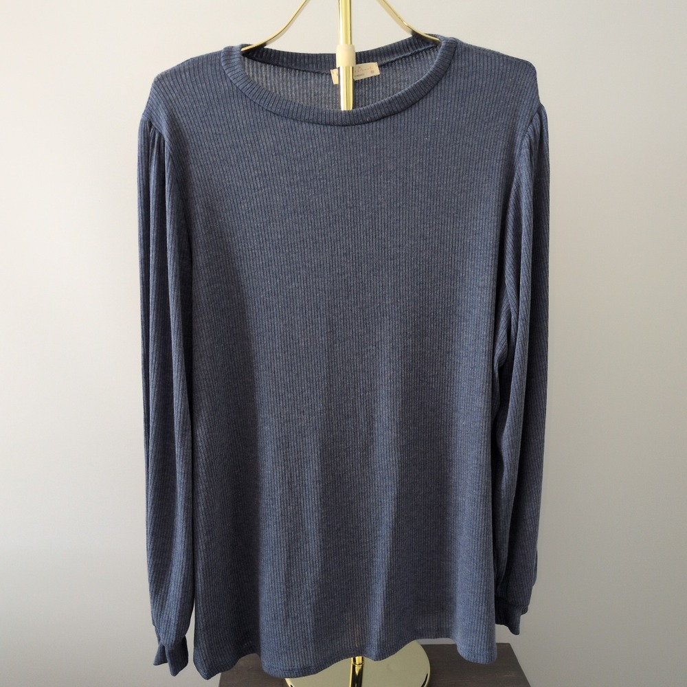 Plus Size Perfect Peach Top Womens 3X Blue Ribbed Knit Puff Sleeve Long Sleeve